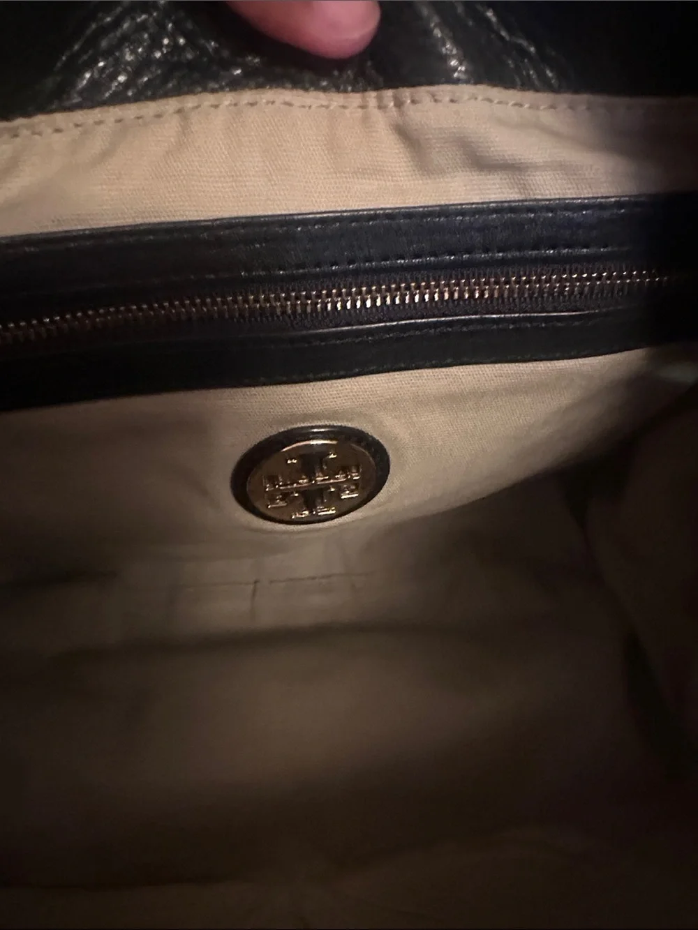 Tory Burch Black Leather Shoulder Bag with Gold Logo Medallion